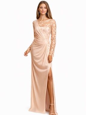 Tadashi Shoji Sequin Pintuck Lace Evening Gown/Champagne/ Size S NWT